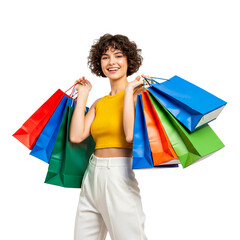 happy woman holding shopping bags on white