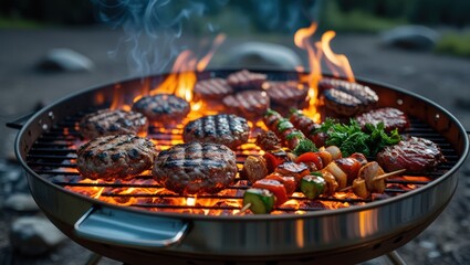 Grilling burgers and skewers on a barbecue