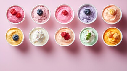 Fototapeta premium Colorful assortment of frozen yogurt in white cups, each decorated with various fresh berries, displayed on a delightful pastel pink background, perfect for summer.