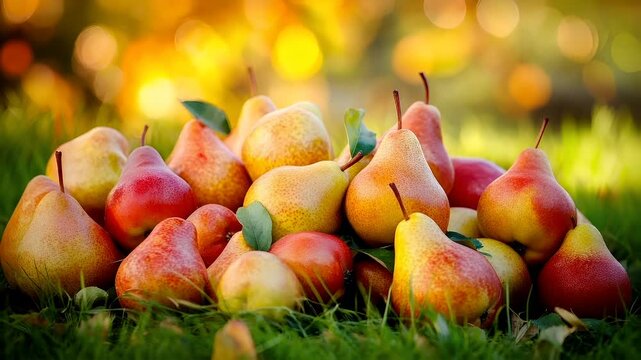A closeup of ripe pears on grass, with a bokeh effect in the background. The pears are a mix of red and yellow hues, with some showing a hint of green from their leaves.