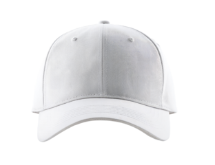 Front view of a plain, white baseball cap.  A simple, blank,  athletic hat