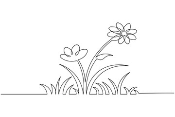 Grass and flowers continuous one line drawing minimalist outline vector illustration

