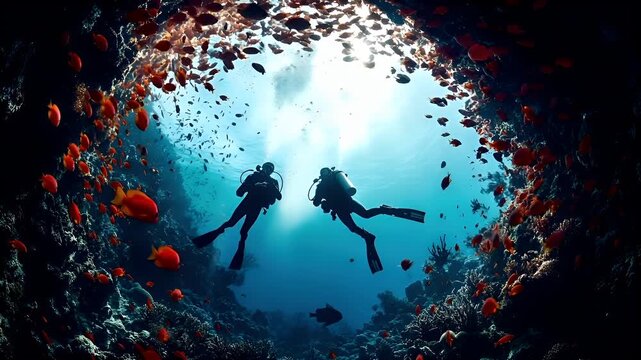 Aerial view of a diver swimming amidst a school of fish in an underwater environment. The diver is positioned in the center of the frame, surrounded by a vibrant coral reef.
