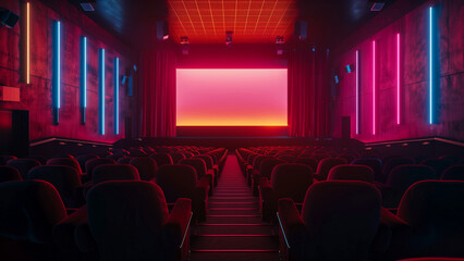 Futuristic movie theater interior with illuminated screen