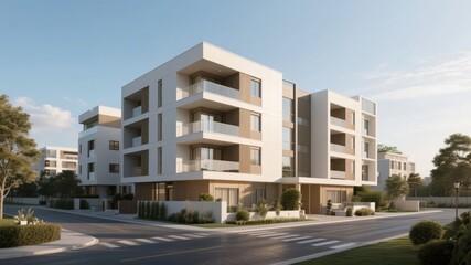 Modern multi-story residential building with balconies and landscaped surroundings