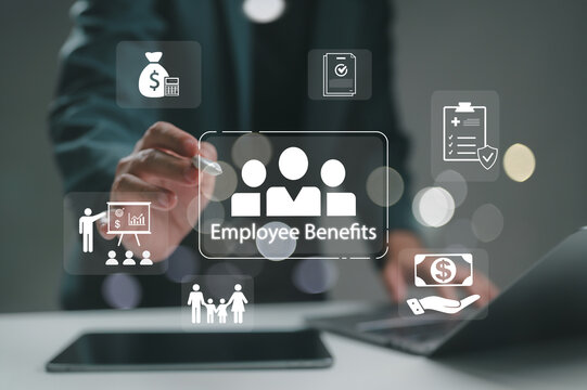 Businessman manages employee benefits program. Human resources professional plans staff compensation, insurance, health, family welfare, salary, bonuses. Corporate labor management concept utilizes