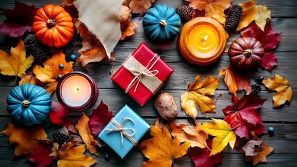 A topdown view of a wooden surface adorned with autumnal decorations. The main subject is a collection of pumpkins, candles, and leaves. The pumpkins are of varying sizes and colors.