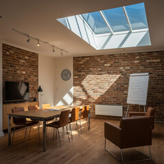 Bright and airy modern conference room with skylight and brick wall in 8k resolution.