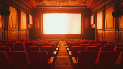Vintage cinema interior with glowing warm orange screen