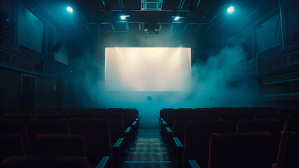 Dramatic cinema hall spotlight on glowing empty screen