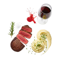 Gourmet sliced steak dinner with red wine and creamy mash potatoes fine dining appetizer