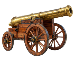 Realistic Antique Brass Cannon on Wooden Base