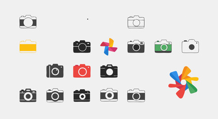 Vector SVG Icon Set of Camera Devices with Colorful Pinwheel Design in Modern Flat Style for Digital Applications