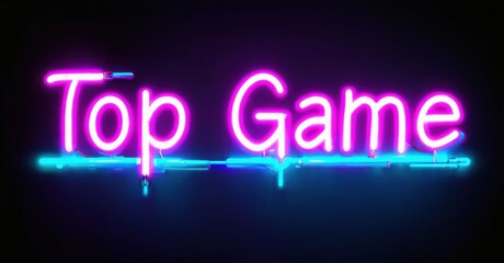 Bright neon sign displays Top Game. Vivid purple, blue hues create striking visual effect. Minimalist design, dark background.