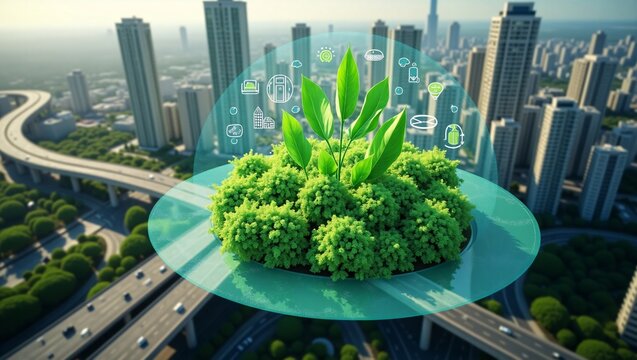 A floating greenery platform with eco themed icons, set against a cityscape.
