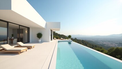 Fototapeta premium A modern villa with an infinity pool, offering a panoramic view of mountains and a city.
