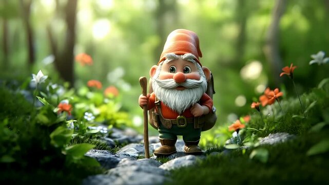 3D garden gnome with backpack and walking stick in forest setting.