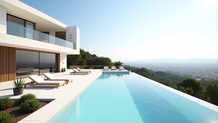 Fototapeta premium A modern house with an infinity pool, lounge chairs, and a panoramic view of a city and mountains.