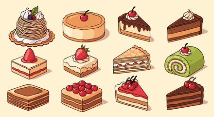 Vector SVG Illustration of Assorted Layered Cakes and Pastries in Modern Flat Style with Bright Colors