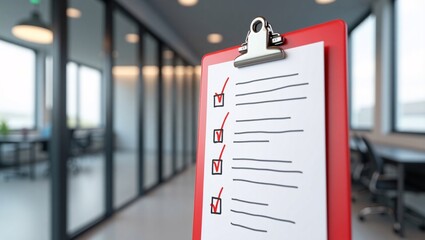 A red clipboard with a checklist, all items checked, in an office.