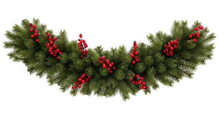 Festive green christmas garland with red berries isolated on transparent background