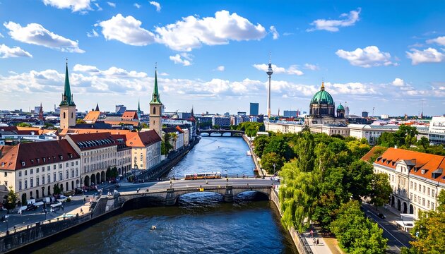 Panoramic view of Berlin's cityscape, showcasing historical architecture, the Spree River, and a vibrant atmosphere.