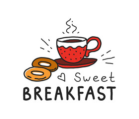 Traditional cake logo. Sweet breakfast line drawing. Coffee cup with saucer. Tasty bagel. Fresh pastry and morning hot drink. Caffeine beverage. Vector cafe sketch emblem design template