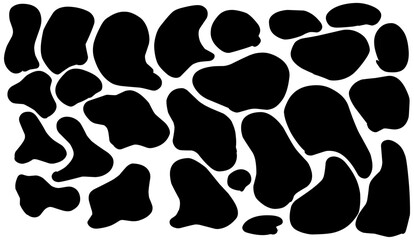 A captivating monochrome pattern features abstract, irregular black shapes scattered across a bright white backdrop, creating a visually striking, modern aesthetic effect with distinct forms