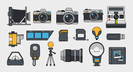 Flat Style Vector SVG Photography Equipment Icon Set with Cameras Lenses and Lighting Elements