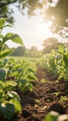 Sunlit Rows of Young Plants in a Fertile Garden
