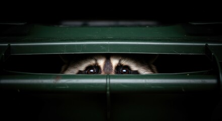 Raccoon eyes peering out from a green trash can in the dark of the night