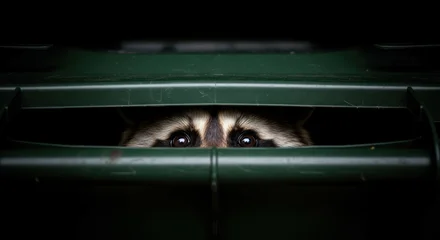 Raccoon eyes peering out from a green trash can in the dark of the night © ABDUL