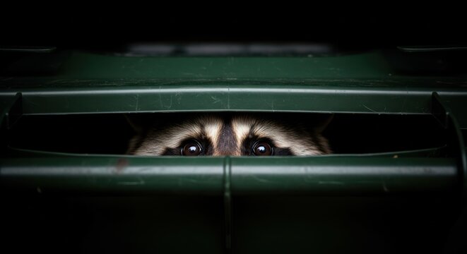 Raccoon eyes peering out from a green trash can in the dark of the night
