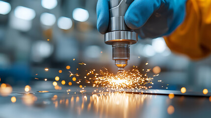 Precision laser cutting action industrial workshop photography dynamic environment close-up view sparks and innovation
