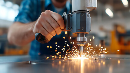 Precision metal cutting action workshop industrial photography sparkling environment close-up viewpoint craftsmanship concept