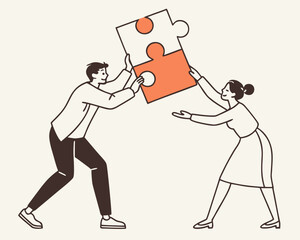 A simple, line-art illustration of two people working together to connect puzzle pieces.