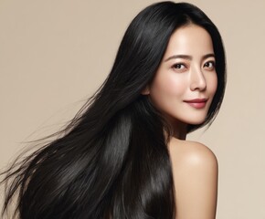 Fototapeta premium A woman with long, smooth black hair and radiant skin, displayed against a soft beige background, exudes a sense of health and beauty.
