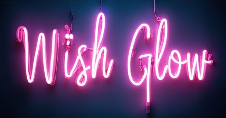 Bright pink neon sign displays Wish Glow. Dark background emphasizes vibrant illumination, creating modern aesthetic.