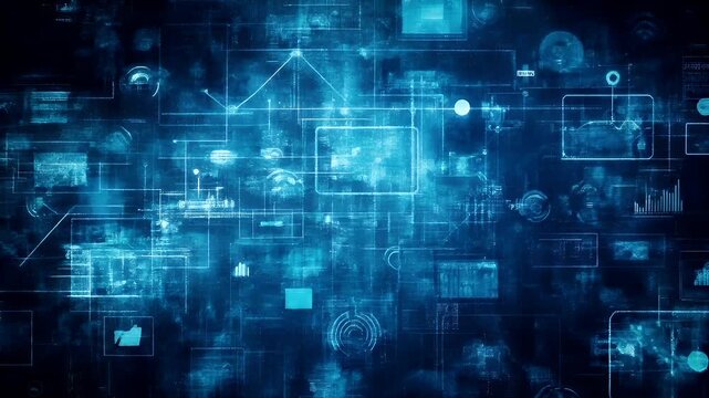 A hightech, abstract digital artwork with a blue hue, featuring a complex network of lines and shapes that resemble a digital matrix or a digital screen.