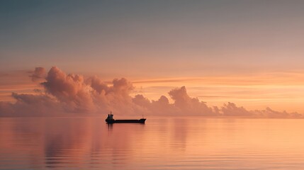 Calm sea with cargo ship silhouette at sunrise, trust in global trade and sustainability theme