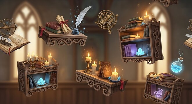 Magical Library Scene with Floating Shelves and Enchanting Artifacts