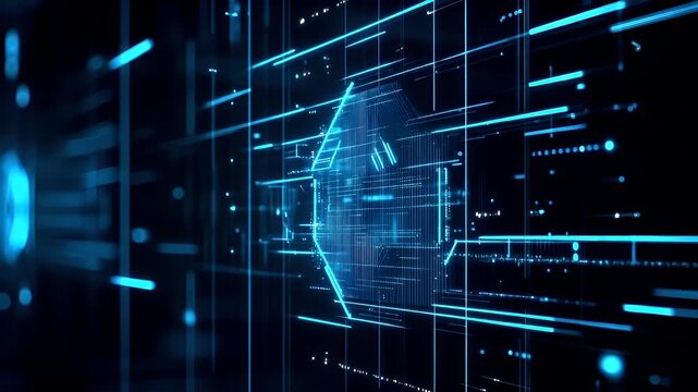 A hightech, abstract digital artwork featuring a futuristic cityscape at night. The city is illuminated by a myriad of blue neon lights, creating a stark contrast against the dark backdrop.