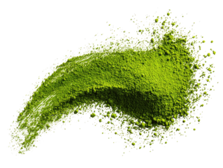 Vibrant green matcha powder, scattered and textured, forming a flowing, irregular shape against a black background