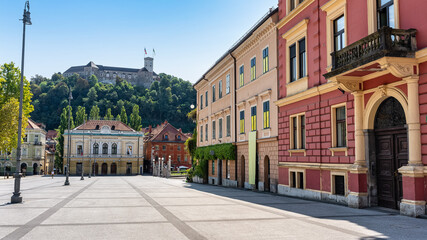 Congress Square with Ljubljana Castle in the background on sunny day, Slovenia.