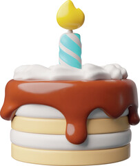Birthday cake with burning candle 3D cartoon plastic style, vector celebration creamy dessert covered by chocolate glaze