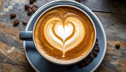 A charming, detailed latte art design in a gray mug, resting on a rustic wooden table.