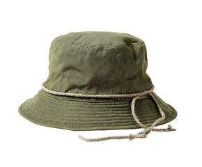 Olive green bucket hat with beige drawstring