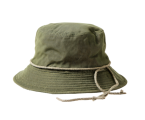 Olive green bucket hat with beige drawstring