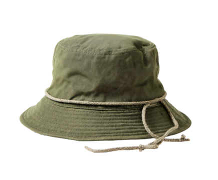 Olive green bucket hat with beige drawstring