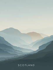 Scottish Highlands Scandinavian Minimalist Poster Scotland Travel Print Mountain Misty Landscape Nordic Wall Art Modern Design